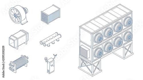 Hvac system components and industrial ventilation equipment isometric outline set