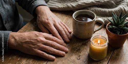 Cozy Mindfulness and Self Care Moment with Coffee and Candle at Home