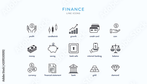Finance line icons set. Minimalist money symbols. Bank assets.