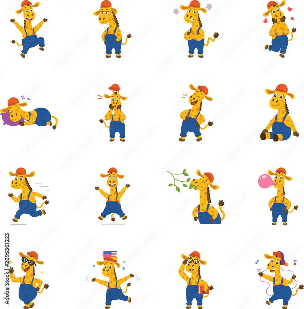 Fototapeta premium Collection of playful giraffe emotions, actions, daily activities, learning moments, and expressive poses in a cute cartoon vector icon style. 