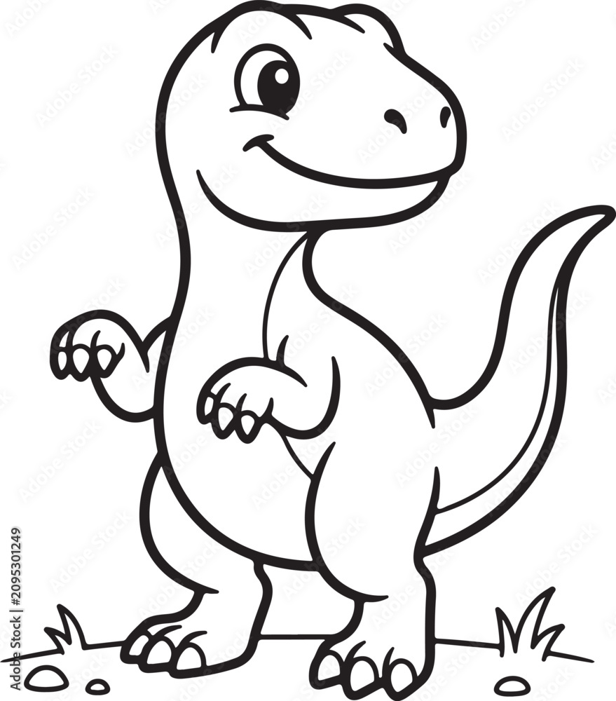 Obraz premium Cute Cartoon Tyrannosaurus Rex Dinosaur Vector Line Art Illustration