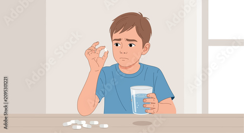 Young boy holding pill, looking worried, with glass of water