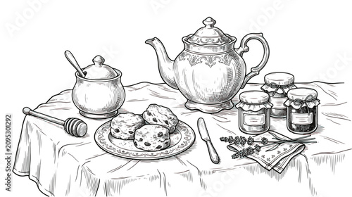 Cuadro en lienzo Vintage tea party illustration, hand drawn teapot with scones and jam jars on ta