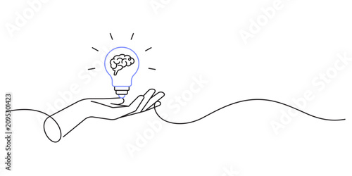 Fotografía hand showing lightbulb creative solutions brainstorm single line illustration