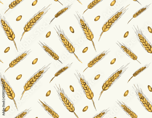 Seamless wheat pattern for design projects. Stylized golden grain texture repeating endlessly. Versatile botanical vector background for print and...
