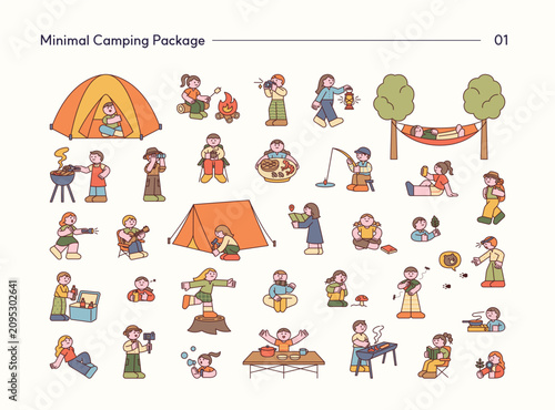 Minimal vector camping character collection featuring outdoor activities, hiking, fishing, barbecue, campfire, tents, and nature adventures.