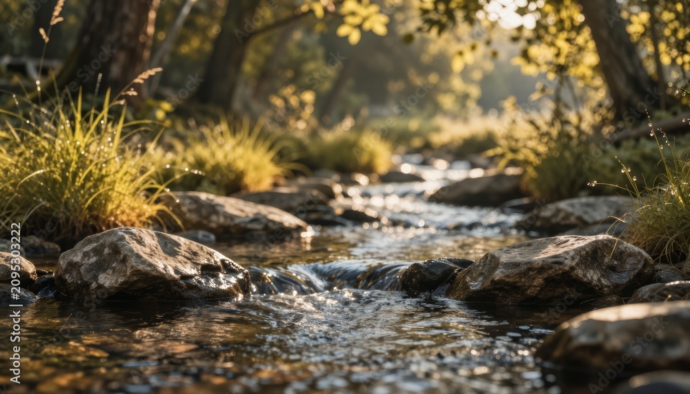 Obraz premium Golden Hour Sunlight Reflecting on Babbling Forest Creek