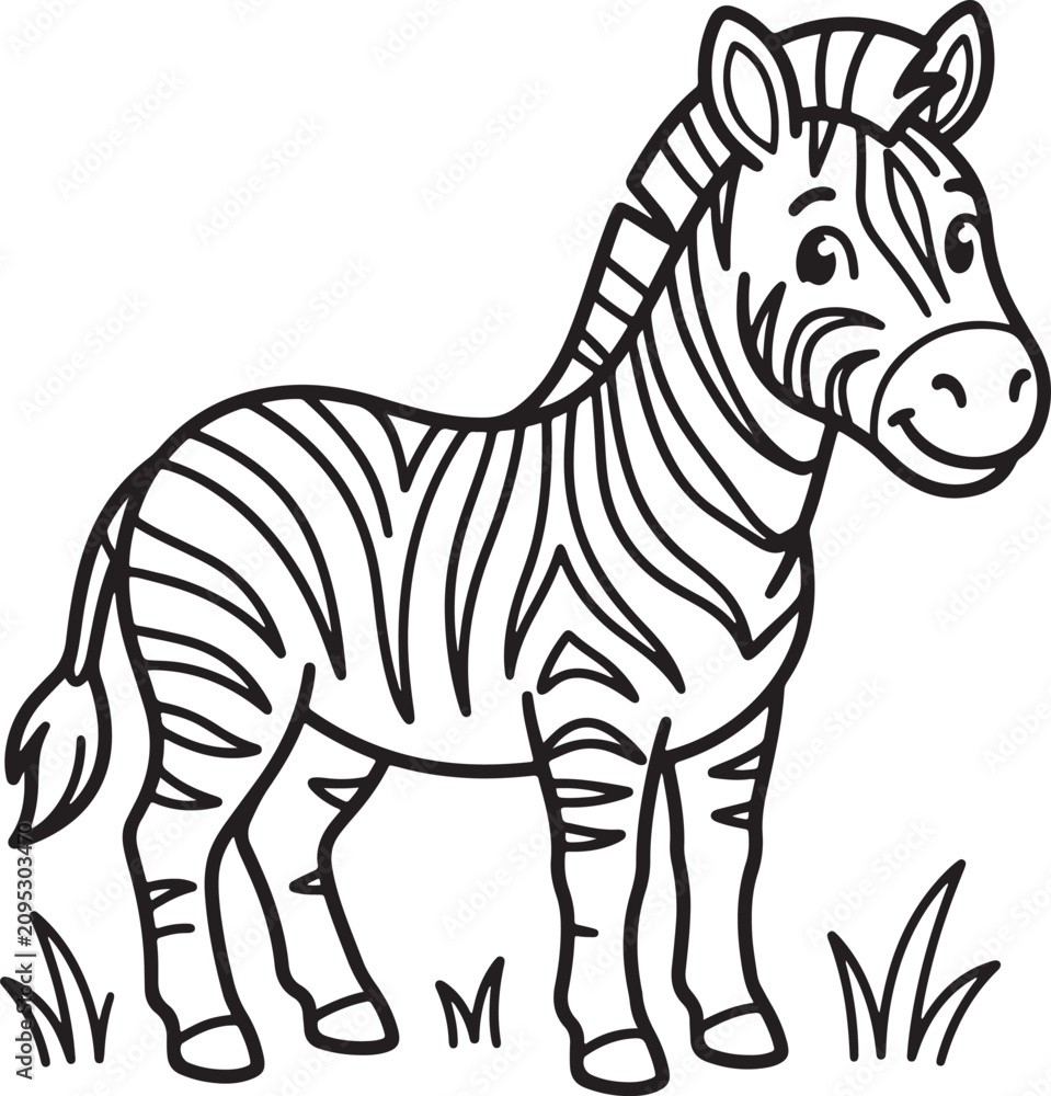 Obraz premium Cute cartoon zebra standing on grass safari animal coloring page for kids vector illustration