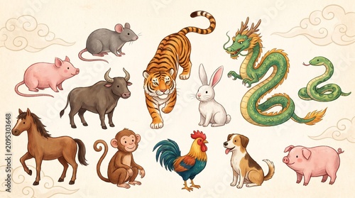Illustration of the twelve Chinese zodiac animals including a rat, ox, tiger, rabbit, dragon, snake, horse, monkey, rooster, dog, and pig, depicted in a cartoon style.