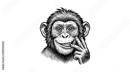 Photography Detailed engraving of a smiling chimpanzee head.