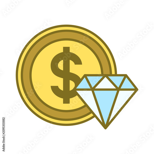 Bild auf Leinwand Illustration of a Dollar Coin and Diamond Symbolizing Wealth.