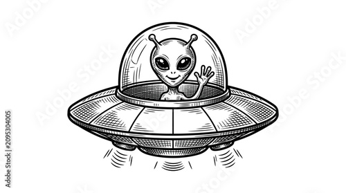 Fotografía Extraterrestrial alien waving from flying saucer ufo engraving.