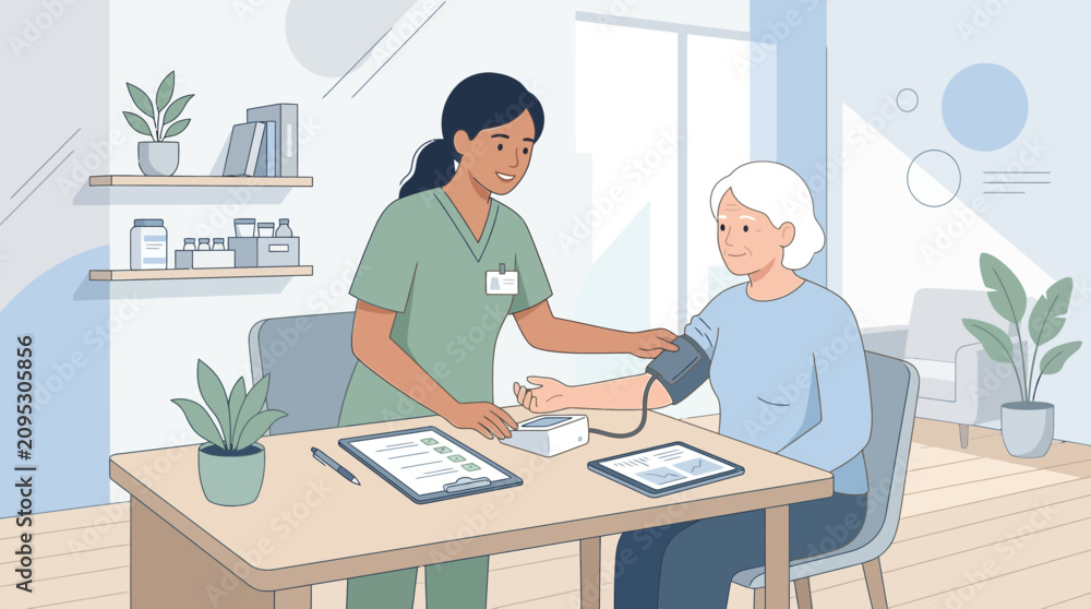 Fototapeta premium Nurse taking senior patient's blood pressure in clinic setting, healthcare concept