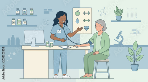 Nurse taking blood pressure of elderly woman, medical checkup, health care illustration