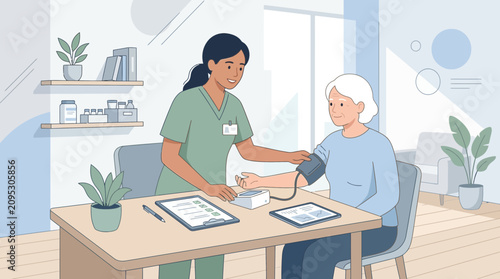 Nurse taking senior patient's blood pressure in clinic setting, healthcare concept