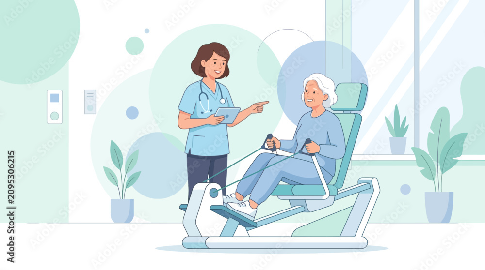 Obraz premium Nurse assisting elderly woman with rehabilitation exercise machine in clinic