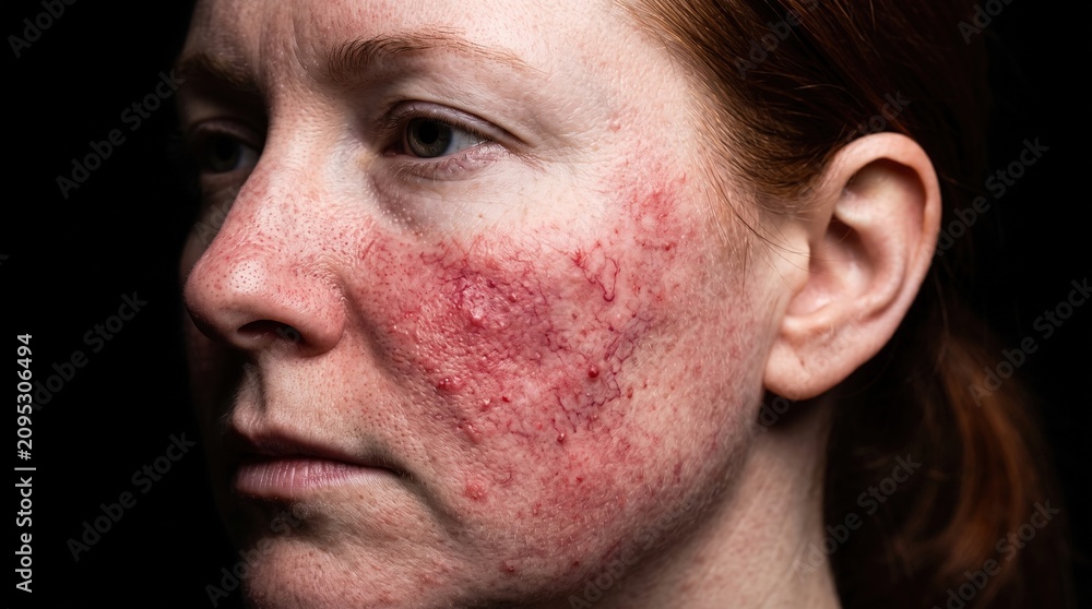 Naklejka premium Close up of female face with severe vascular redness and papules from rosacea flare up