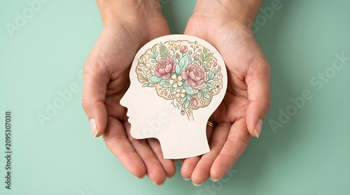 Cupped hands holding a paper cutout of a human profile featuring a floral brain illustration representing mental health with cradling paper silhouette