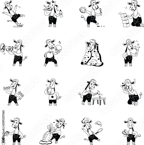 Schilderij op canvas Creative giraffe professions, hobbies, sports, home activities, and artistic skills illustrated as colorful cartoon glyph vector icon style
