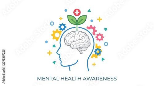 Mental health awareness concept featuring a human profile silhouette with a growing plant and colorful mechanical gears symbolizing cognitive wellness