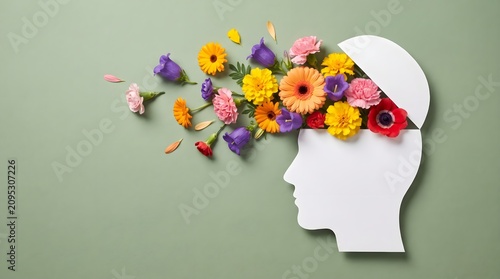 Creative conceptual art of a paper human head silhouette with colorful blooming flowers bursting out against a soft sage green background surface