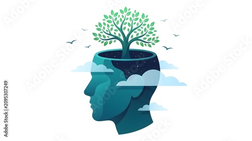 Conceptual illustration of a human head silhouette with a growing tree and starry night sky interior representing mindfulness with surrounded soft clouds birds