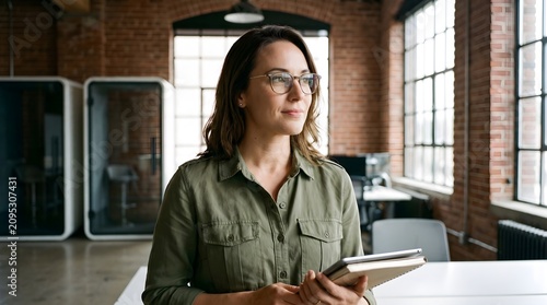 Professional woman with glasses holding a notebook in a modern office space with brick walls and large windows for a natural