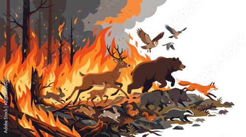 Canvas Print Wild Animals Fleeing Forest Fire Illustration