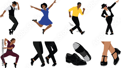 Cuadro en lienzo Vintage Swing and Tap Dancer Character Set Featuring Energetic Performers in Ret