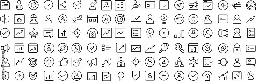 Fototapeta premium A collection of diverse, minimalist icons representing various business and strategy concepts, arranged in a grid format for easy use.