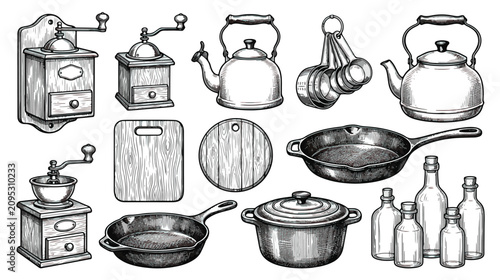 Obraz na płótnie Vintage kitchenware vector set, hand drawn rustic cooking utensils and coffee gr