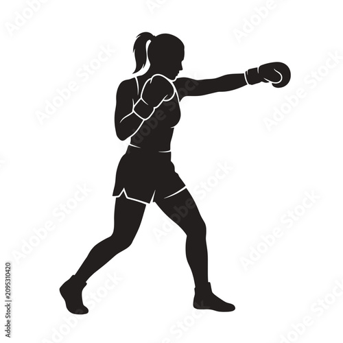 Dynamic silhouette of a female boxer in action throwing a punch with gloves and athletic gear, powerful stance, intense workout scene