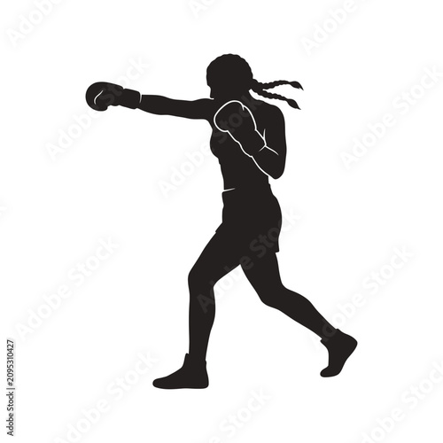 Dynamic silhouette of a female boxer throwing a punch in action, powerful athletic pose with gloves and braided hair
