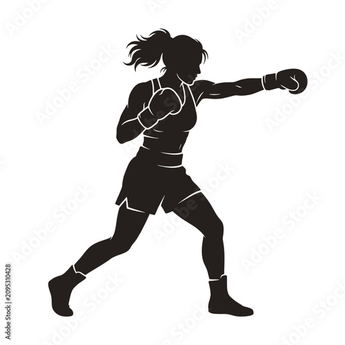 Dynamic silhouette of a female boxer in action throwing a powerful punch with intense athletic gear and determined stance