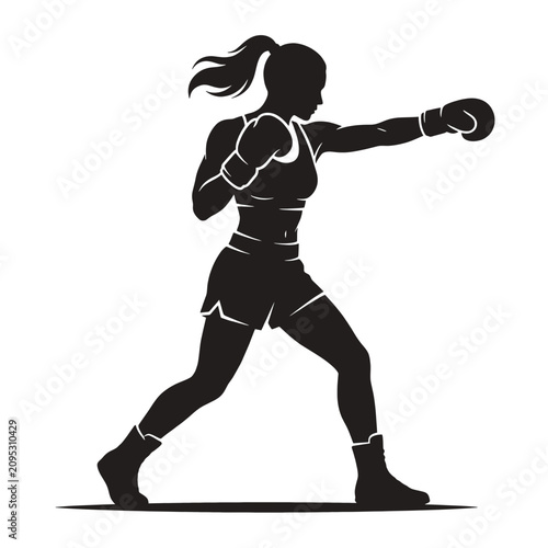 Dynamic silhouette of a female boxer in action throwing a powerful punch with gloves and athletic gear, black and white illustration