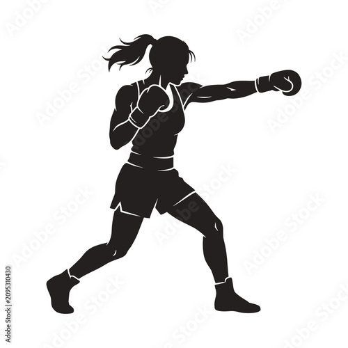 Dynamic silhouette of a female boxer in powerful striking pose, intense athletic action, black and white vector illustration