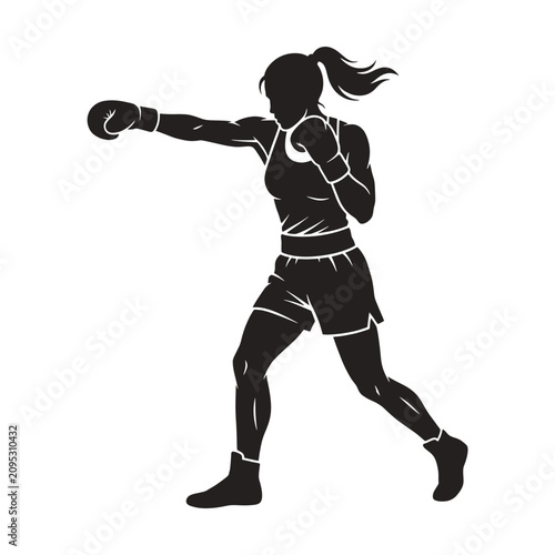 Dynamic silhouette of a female boxer in action throwing a powerful punch, athletic sports illustration for fitness and combat sports