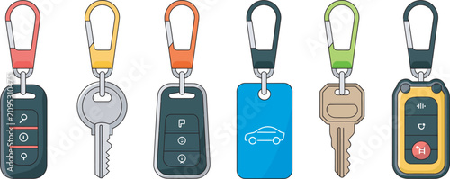Car smart key fob, house keychain, lanyard, and access card icon set vector design for security, vehicle access, home entry, and identification systems.