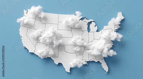 Map of united states with weather clouds and rain