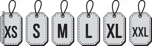 Obraz na plátně Clothing size labels set for fashion apparel and garment industry, vector illustration featuring standard sizing tags, retail branding, textile manufacturing, and clothing production design