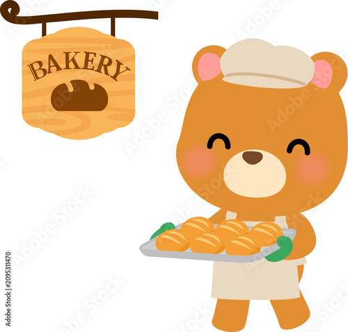 パンを乗せた天板を持つパン屋店員のクマのキャラクター