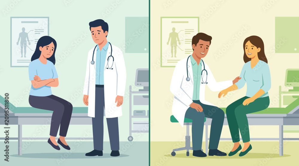 Obraz premium Doctor-Patient Consultation: Sadness to Relief, Medical Care Illustration
