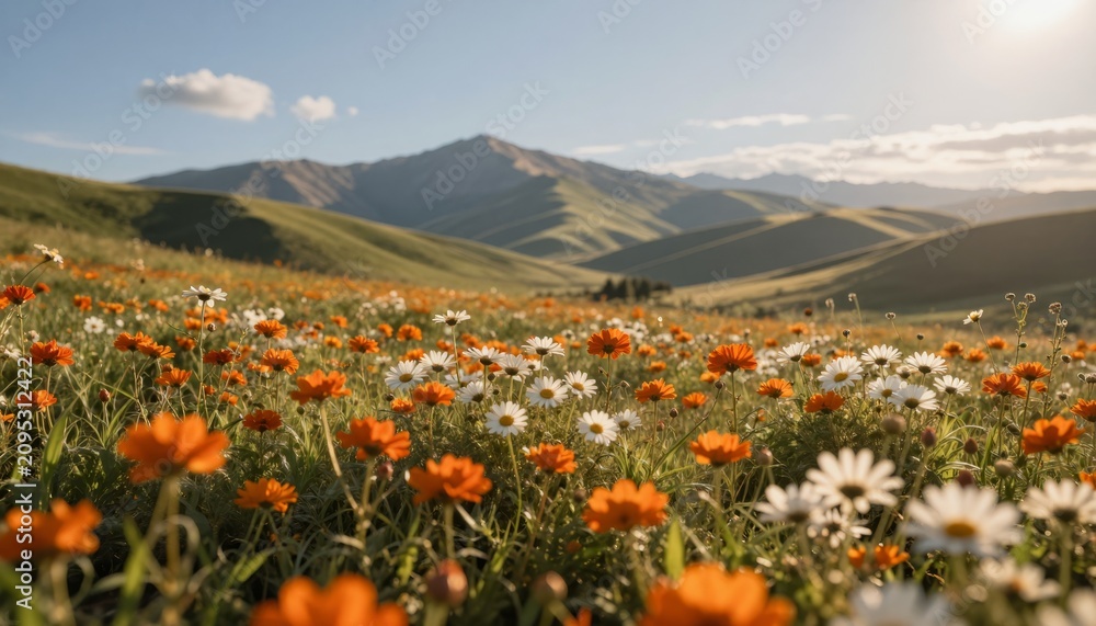 Fototapeta premium Mountain Meadow Wildflowers at Sunset