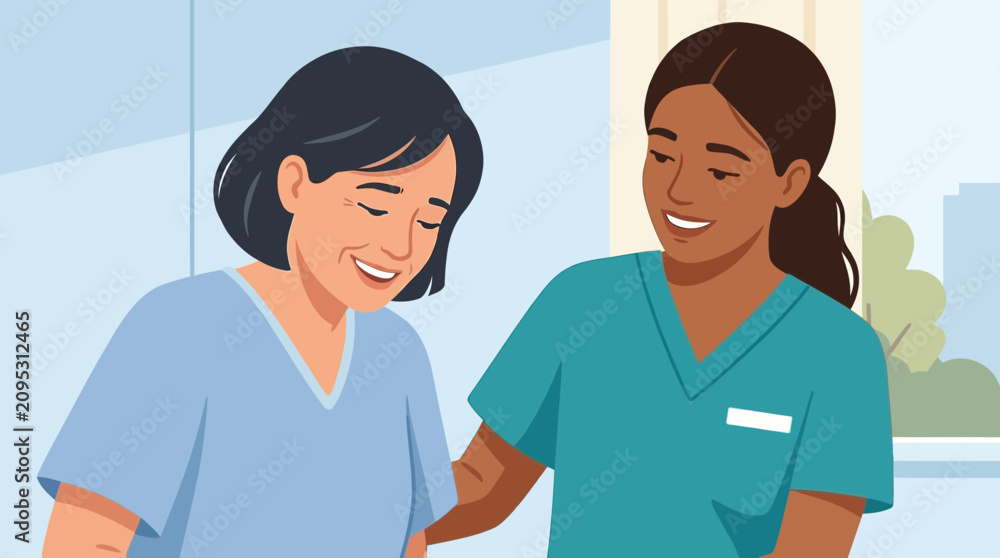 Obraz premium Nurse supporting patient, medical care, empathy, hospital environment