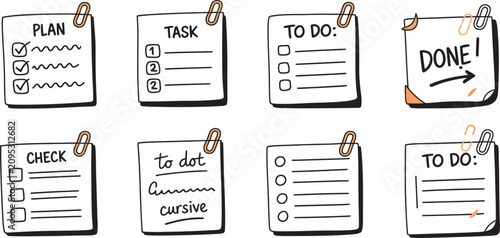 Doodle checklist vector set, hand drawn to do task list with check marks and memo page elements in sketch style for productivity planners, business, office, and reminder illustrations.