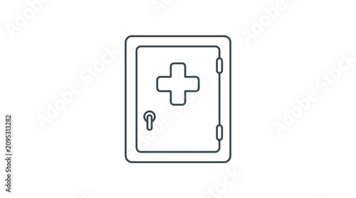 A simple line art illustration of a wall mounted medical first aid cabinet.