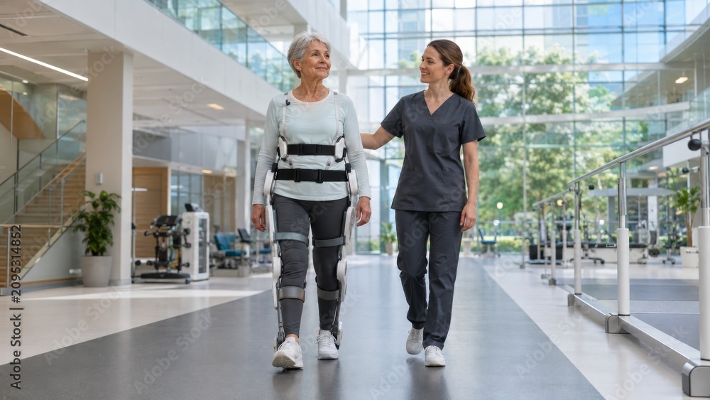 Fototapeta premium Senior Woman Using Rehabilitation Exoskeleton With Therapist in Modern Recovery Center