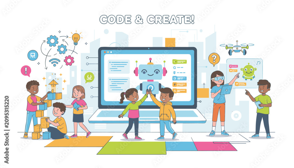 Fototapeta premium Diverse group of children learning coding and programming to build robot and creative digital models in classroom.