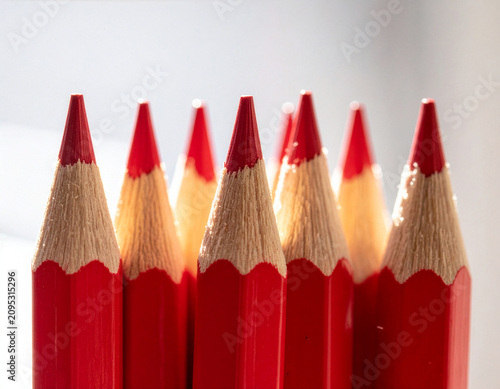 Cuadro en lienzo Macro Close Up of Sharpened Red Colored Pencils on White Background