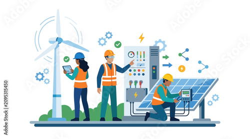 Engineers Maintaining Renewable Energy Systems Wind Turbine and Solar Panels